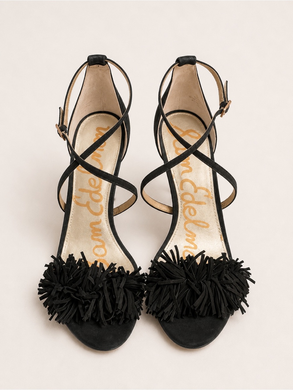 Sam Edelman Black Suede Fringe Strappy Heels Size 7